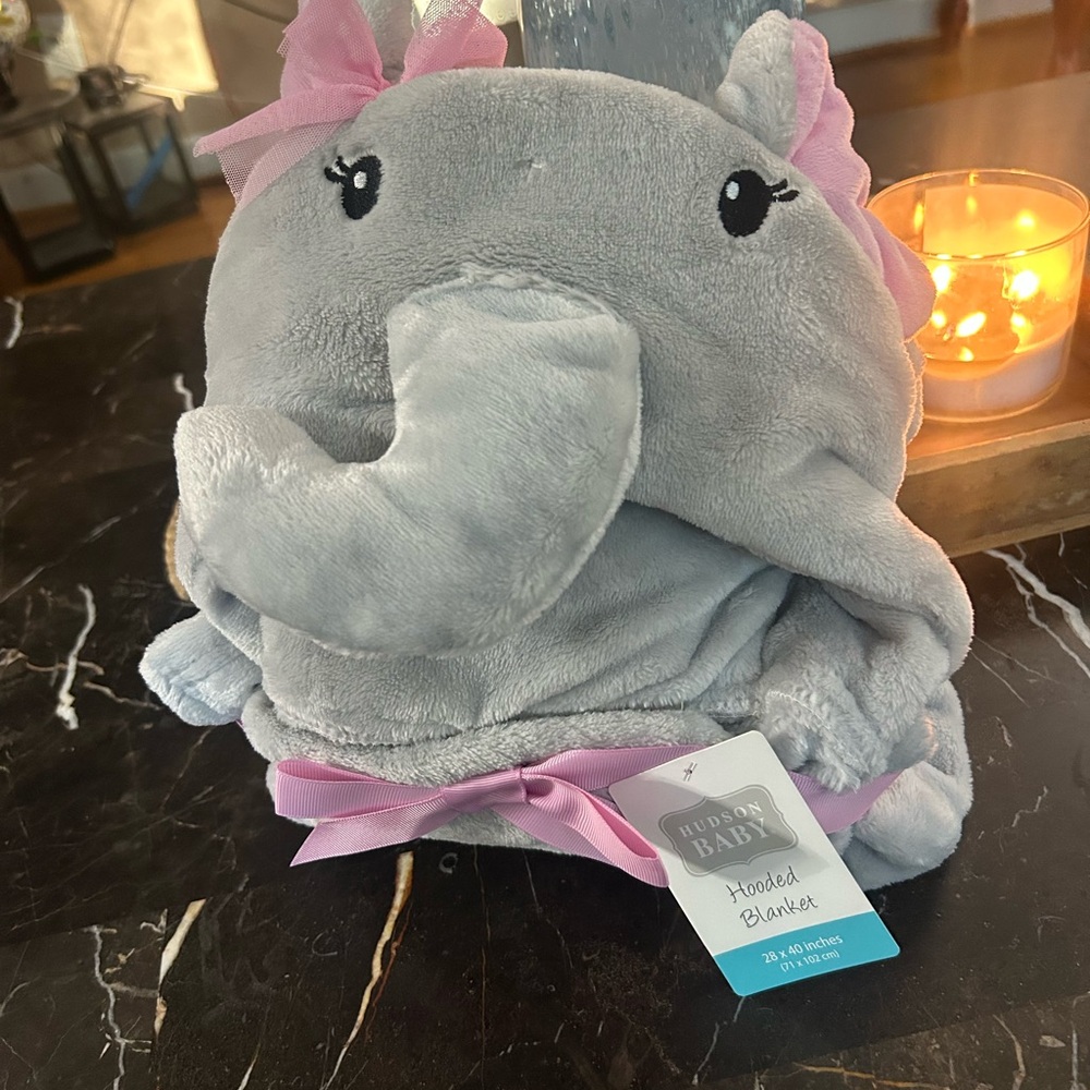 Hudson Baby Pink and Gray Elephant Hooded Blanket
